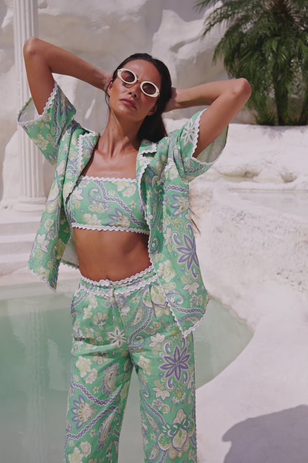 Green Floral Heritage Print Kelia Crop Top