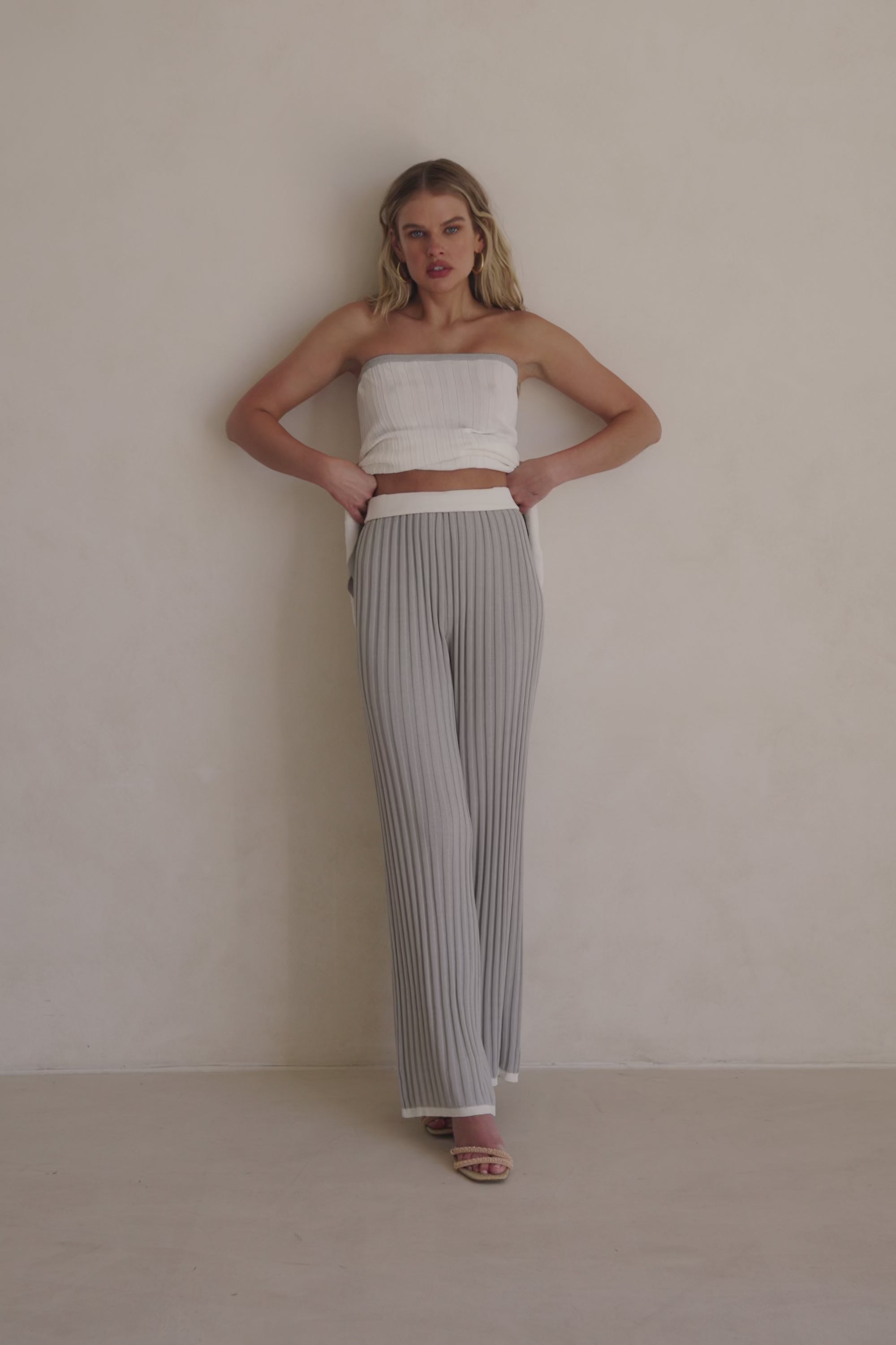 Grey Woven Ribbed High Waist Winnie Pants