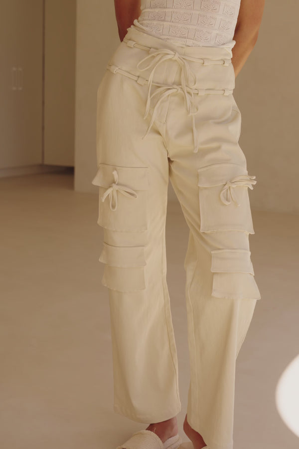 Jaicee High Waisted Tie Pants - Cream