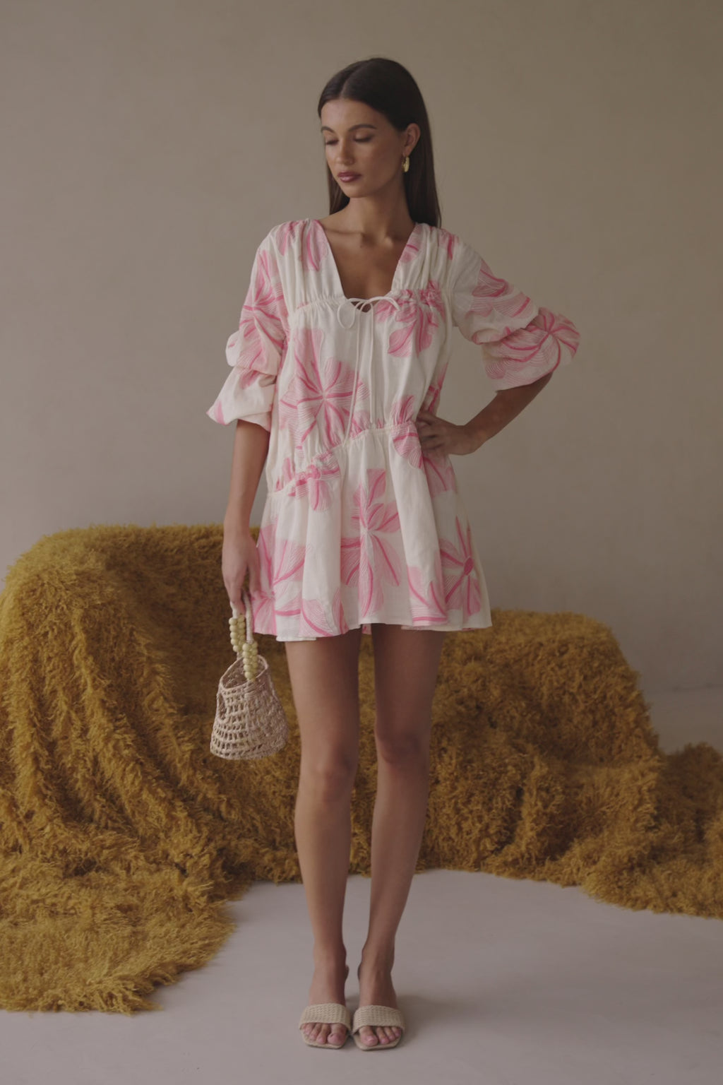 Pink Spring Floral Print Boxy Gathered Mini Naloo Dress