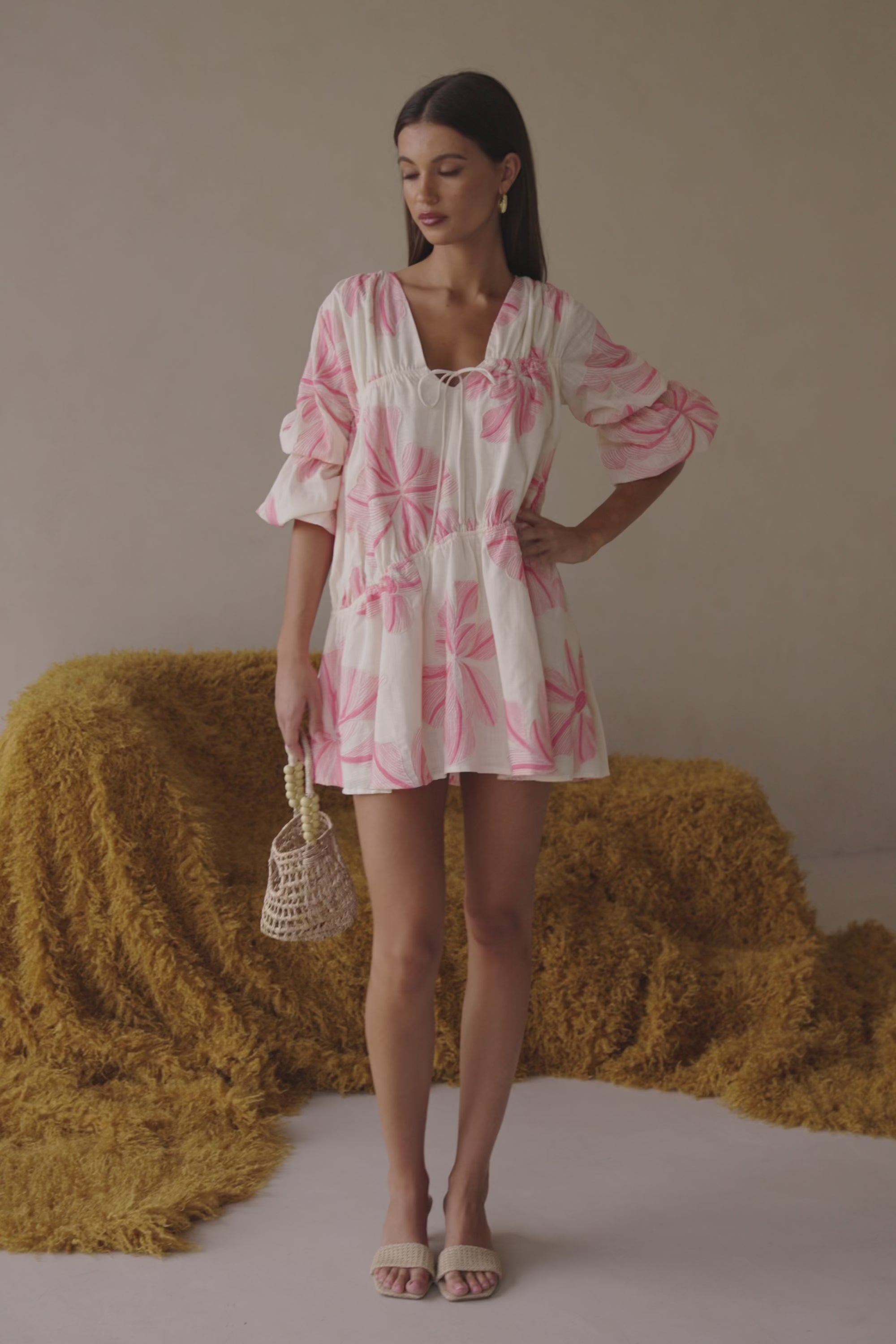 Pink Spring Floral Print Boxy Gathered Mini Naloo Dress