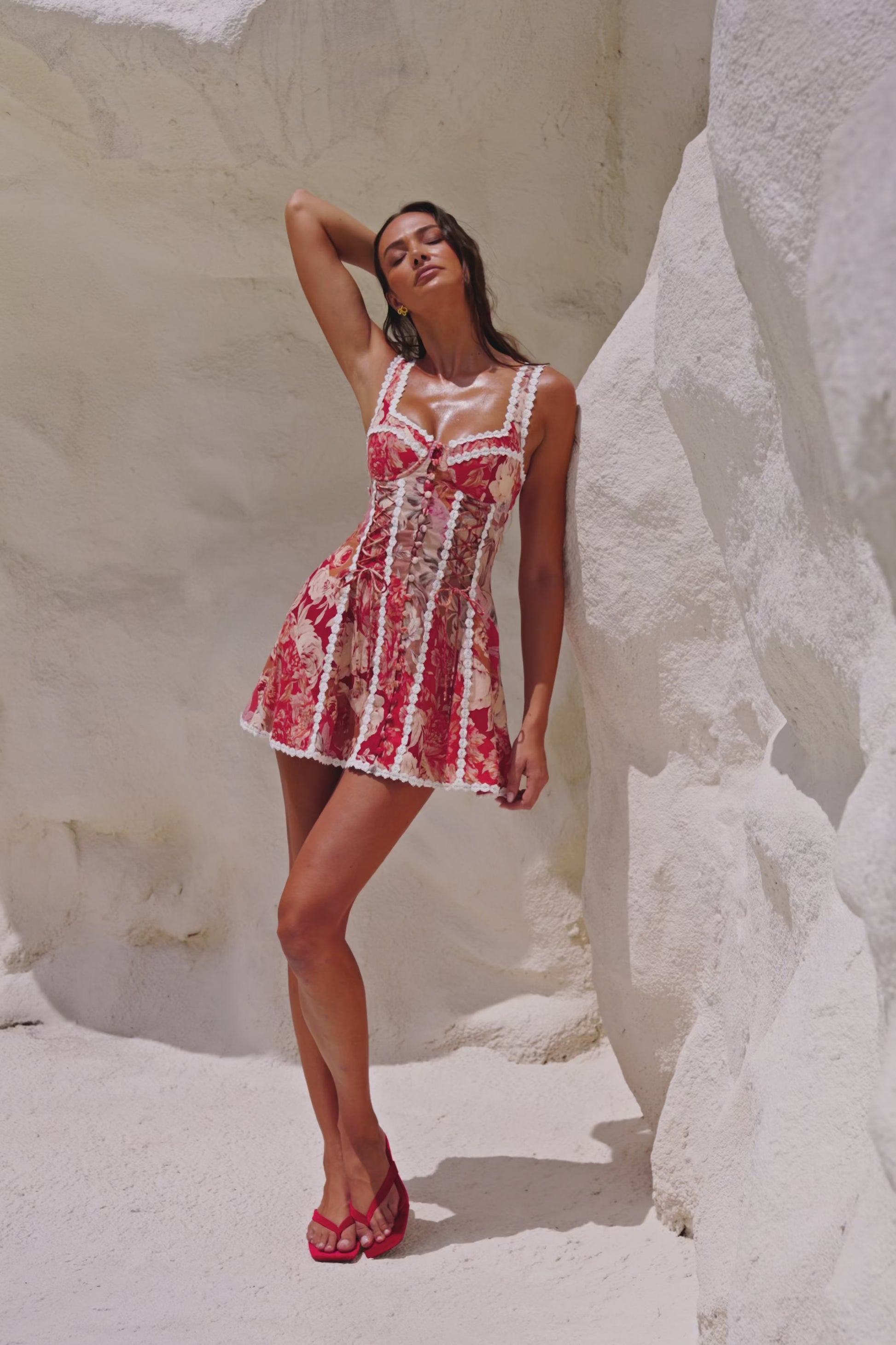 Red Floral Solafleur Lace Up Mini Camille Dress